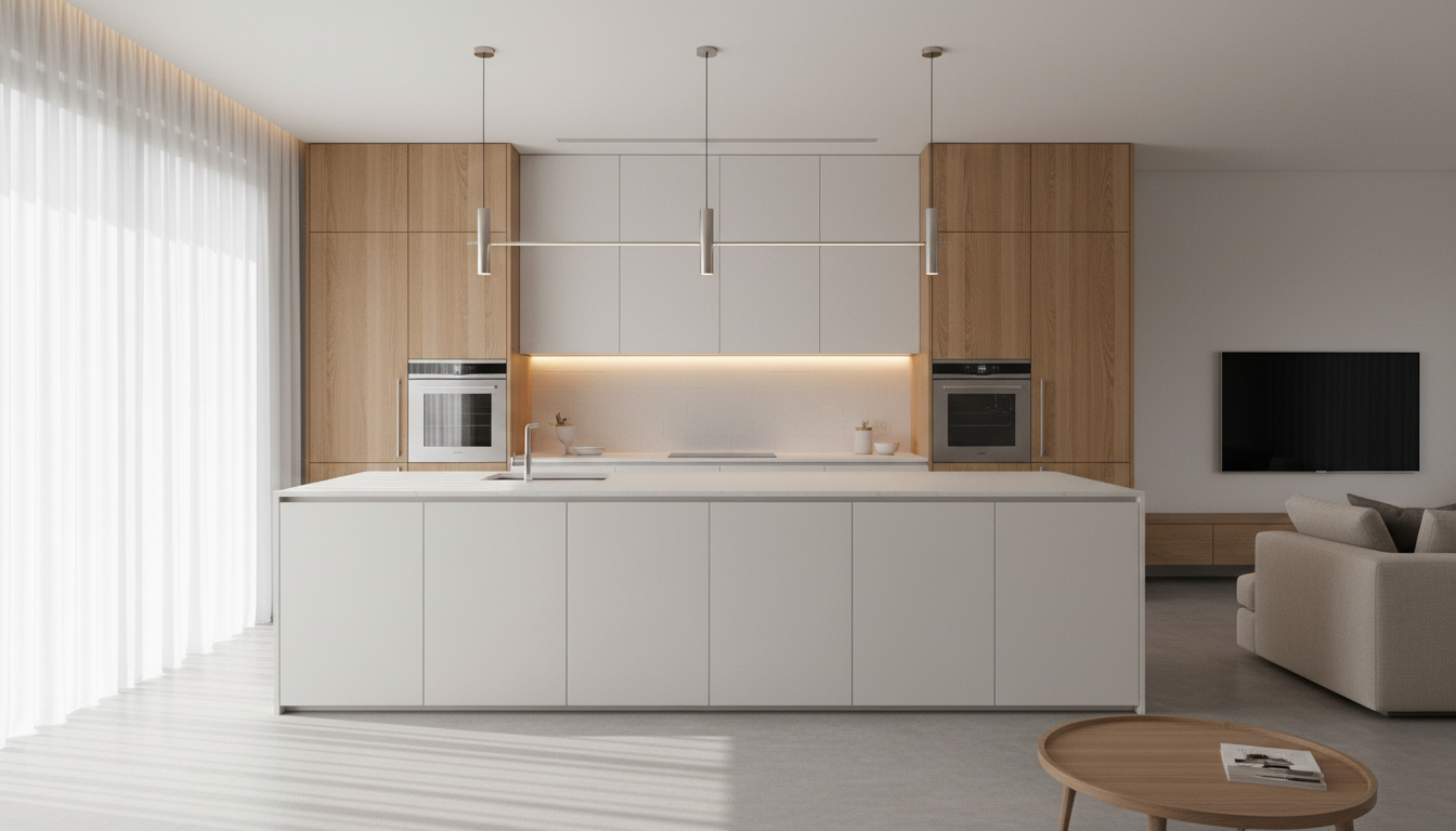 An elegantly designed kitchen with clean, handleless matte white cabinetry, textured oak wood accents, and a seamless quartz countertop. The space features minimalist built-in appliances and discreet under-cabinet lighting, creating a structured and highly functional environment. The kitchen is set within a neutral-toned, open-plan living area, with soft, natural daylight filtering through a large, sheer-curtained window. Subtle shadows play across the surfaces, enhancing the sense of order and calm. The image is shot at eye level with a balanced, centered composition that emphasizes flow and spaciousness. The style is photographic realism, projecting a calm, professional, and modern atmosphere that's perfectly aligned with the brand's commitment to quality and sophisticated design.