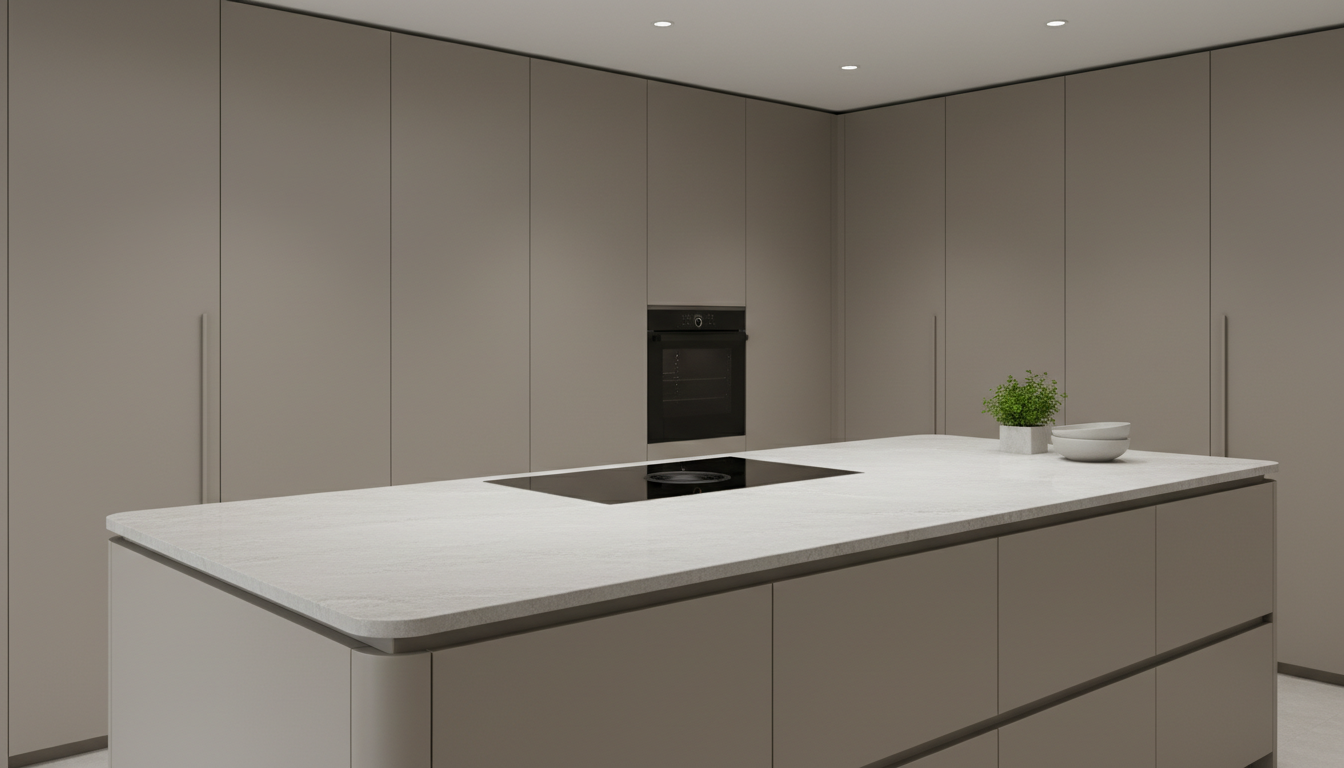 A pristine kitchen island constructed from smooth, light-grey stone with softly beveled edges, featuring integrated induction cooktop and streamlined storage below. The island is positioned at the heart of a tastefully organized kitchen, flanked by tall, matte-finish cabinets in muted taupe. Recessed ceiling lights cast even, neutral illumination over the workspace, with gentle highlights enhancing the textures of surfaces. The atmosphere is highly professional and efficient, with every element in its place. Captured from a slightly elevated angle using rule of thirds for a dynamic yet ordered composition, the image reflects a photographic, corporate aesthetic suitable for showcasing luxury cuisine concepts.